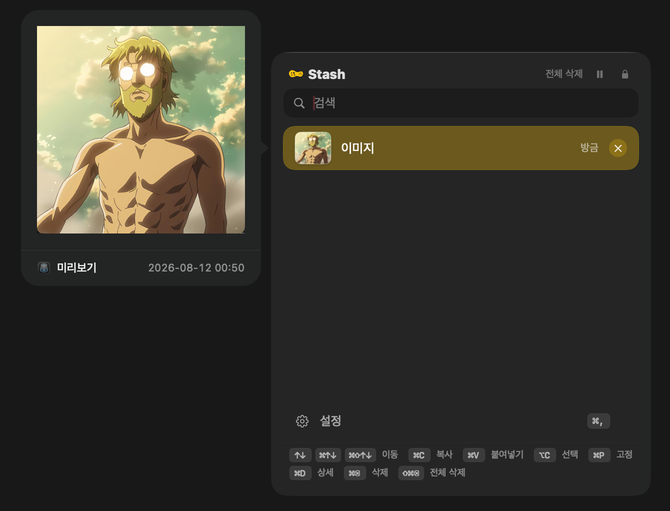 Stash의 원본 이미지 미리보기와 목록 행의 작은 썸네일